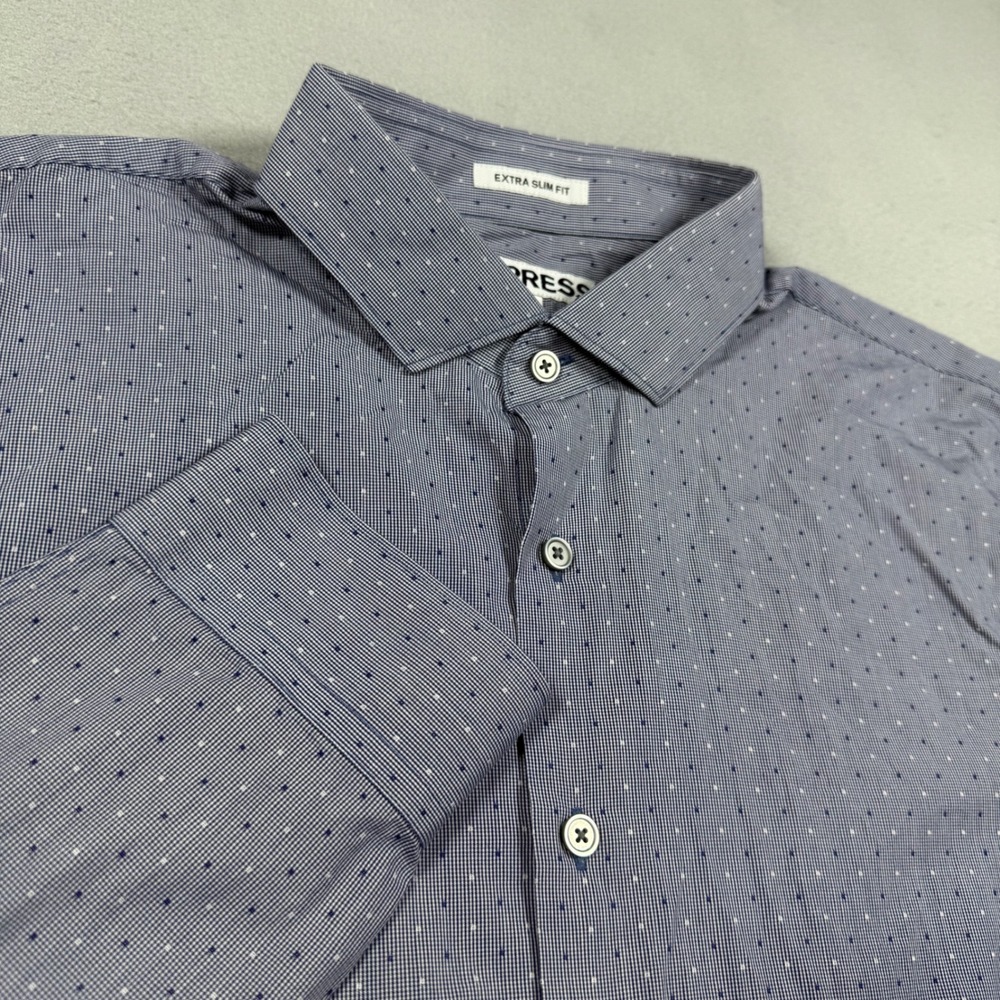 Express Extra Slim Fit Mens XL Blue White Check Polka Dot Button Down Shirt